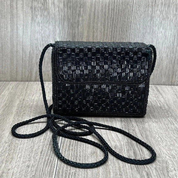 ALFRED SUNG Handbags - Alfred Sung Handmade Embellished Beaded Basketweave Crossbody Purse Bag Black